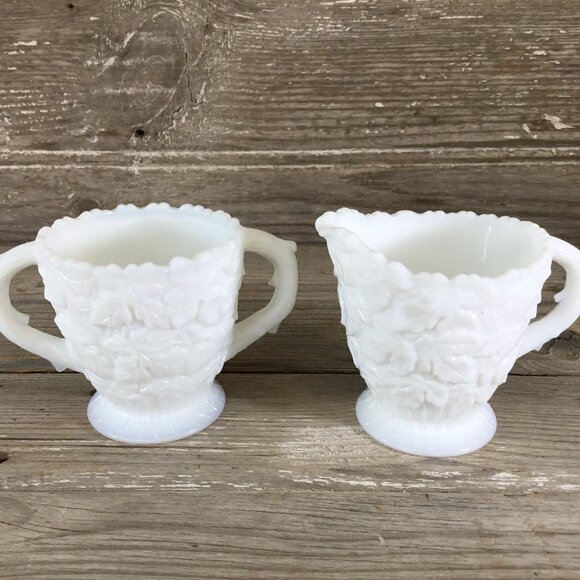 Westmoreland Bramble Maple Leaf Milk Glass Sugar and Creamer - Picture 1 of 10